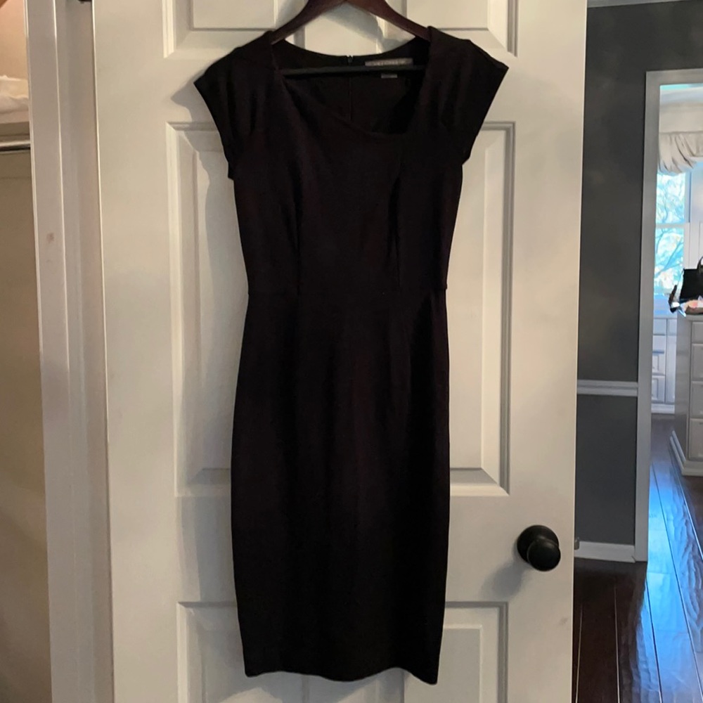 French Connection Black Asymmetrical Neck Cap Sleeve Sheath Dress Size 6